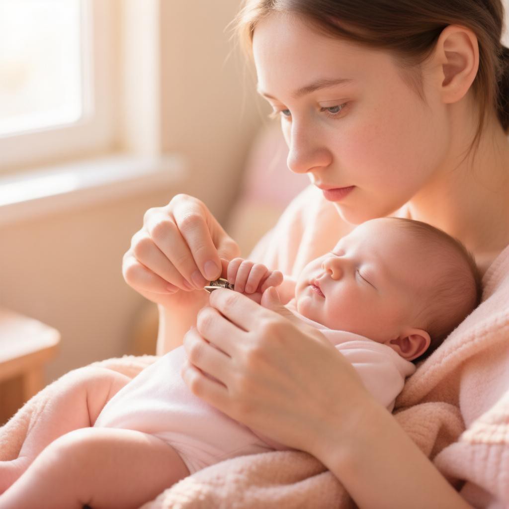 Родитель аккуратно стрижёт ногти спящему малышу детскими ножницами